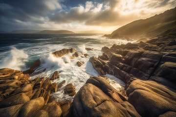 Fototapeta premium Illustration of a dramatic seascape under morning light. Created with Generative AI technology.