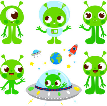 Cute cartoon aliens and UFO in space. Vector illustration