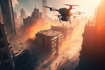 drone flying under destroyed city