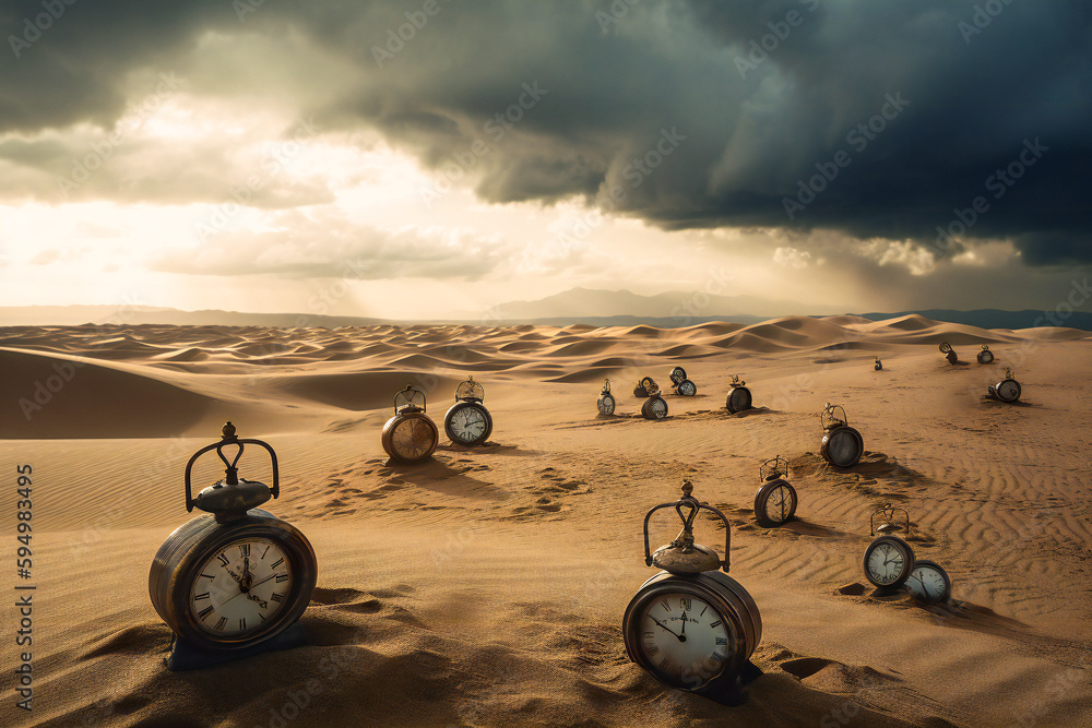 Poster old clocks on desert dunes at sunset. surreal time metaphor composition. time related concept. creat