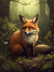 Obraz premium Painting of a fox sitting in the woods. Generative AI