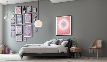 Photo of a modern bedroom with minimalist gray walls and stylish wall art