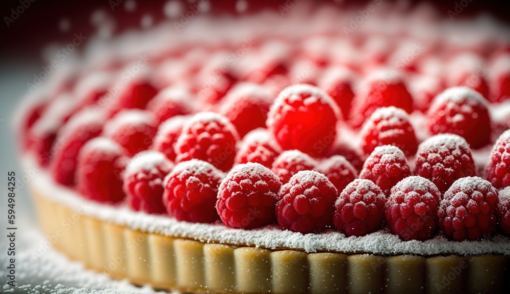 Poster image of a raspberry tart, sprinkled with sugar. generative ai