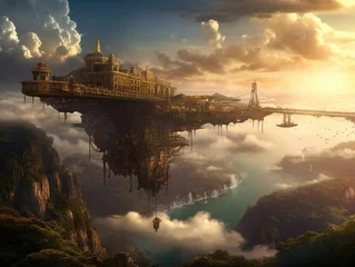 Fototapeten Fantasy Steampunk landscape of flying big city generative ai © Wiktoria
