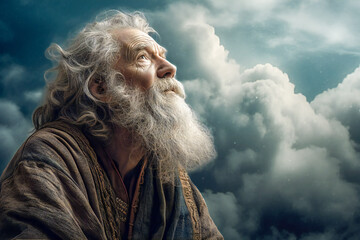 Old man with a beard, with a stormy sky in the background. Visionary man, philosopher, wise man or prophet. Cinematic effect. Created with Generative AI technology. - obrazy, fototapety, plakaty