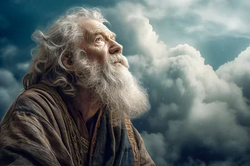 Fotobehang Old man with a beard, with a stormy sky in the background. Visionary man, philosopher, wise man or prophet. Cinematic effect. Created with Generative AI technology. © Adrian Grosu