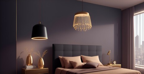 Photo of a luxurious bedroom with purple walls and a stunning gold chandelier