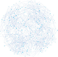 Abstract polygonal communication network, technology wireframe, connected blue  lines and greendots, globe model background 