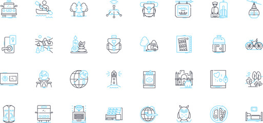 Job travels linear icons set. Itinerary, Expenses, Accommodation, Per diem, Schedule, Jetlag, Travelogue line vector and concept signs. Site visit,Conference,Overseas outline illustrations