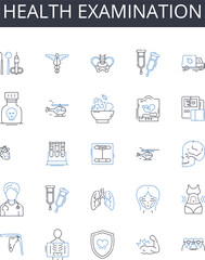 Health examination line icons collection. Dental checkup, Eye exam, Hearing test, Blood analysis, Physical assessment, Wellness check, Medical evaluation vector and linear illustration. Diagnostic