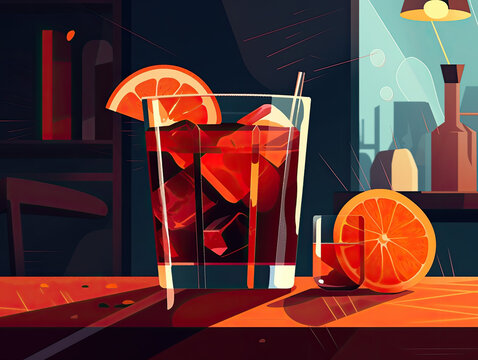 Cocktail Negroni on a old wooden board. Drink with gin, campari martini rosso and orange. negroni cocktail at the bar Generative AI
