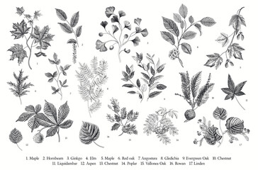 Leaves of the trees. Leafy. Set. Vector vintage illustration. Black and white - 594985480