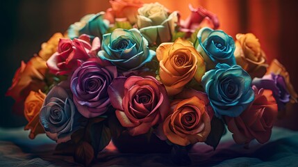 Fototapeta na wymiar Vintage Fantasy Roses Bouquet on Cinematic Blurred Background - Floral Art, Romantic Art - Wedding Invitations - Generative AI