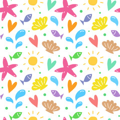 Seamless pattern with sea beach elements. Vector illustration, doodle style. Summer colorful background. Drawing of starfish and shells, fishes, splashes of water.
