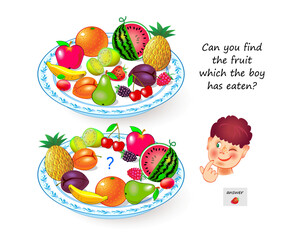 Plakat Logic puzzle for children and adults. Can you find the fruit which the boy has eaten? Educational game. Page for kids brain teaser book. Task for attentiveness. IQ test. Play online. Cartoon vector.