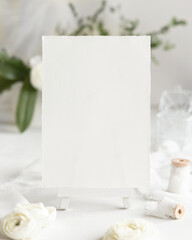 Blank Card near cream roses and white ribbons close up, Wedding mockup