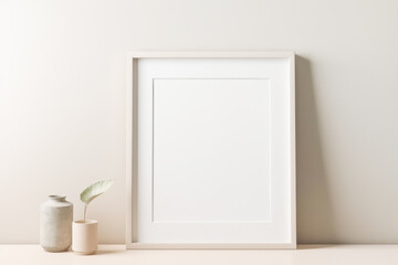 White empty frame mockup on empty white neutral wall background. Generative AI.