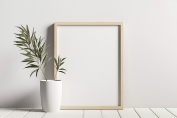 White empty frame mockup with green plants on empty white neutral wall background. Generative AI.