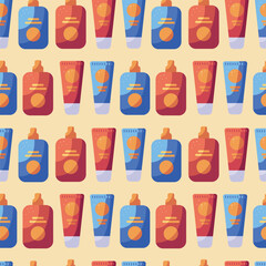 Flat colorful summer seamless pattern with bottles of sun cream beach party