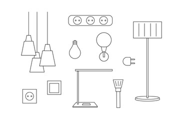 Electrical goods. Set. Chandelier, sconce, floor lamp, flashlight, switch, socket. Simple vector image.
