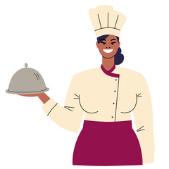  Dark-skinned female chef holds a platter cloche in her hand. Chief cook. Smiling woman in toque and uniform. Portrait of happy kitchen worker. Character is isolated on white background. Flat vector.