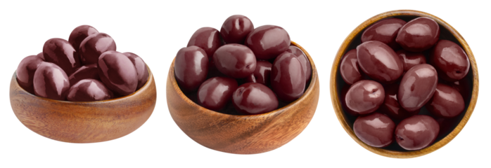 Collection of wooden bowls with red olives, cut out
