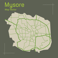 Detailed vector Mysore map, Mysore city map, Mysore map. Detailed map of Mysore city administrative area.