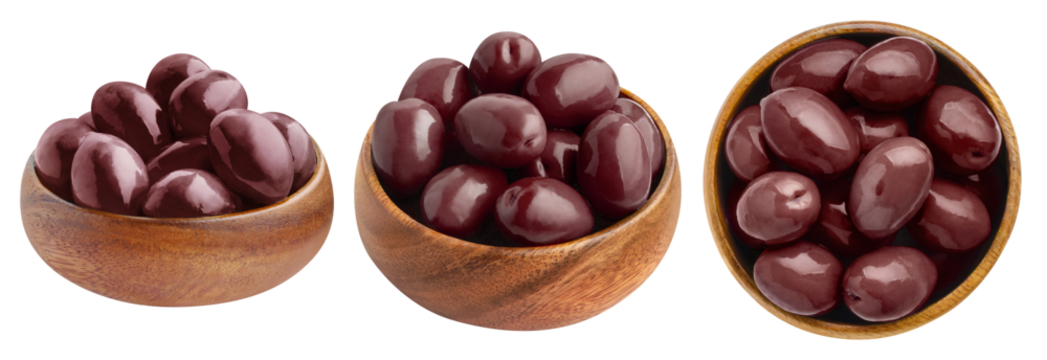 Collection of wooden bowls with red olives, cut out