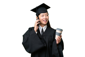 Young university graduate Asian woman over isolated background holding coffee to take away and a...