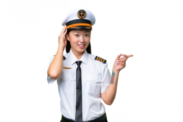 Airplane pilot Asian woman over isolated background surprised and pointing finger to the side