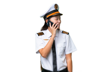 Airplane pilot Asian woman over isolated background keeping a conversation with the mobile phone with someone