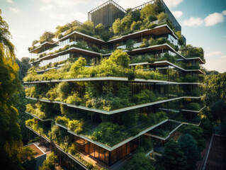 Green skyscraper building with plants growing on the facade. Ecology and green living in city, urban environment concept. Generative AI - obrazy, fototapety, plakaty