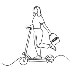 continuous line drawing of young woman wearing clothes bunny holding wicker basket colorful eggs riding e-scooter