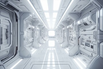 Spaceship or science lab, sci-fi corridor white color , 3D render. Generative AI