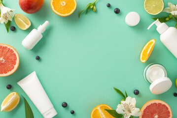 Exotic summer skincare concept. Top view flat lay of mock up cream bottles, jars, serum, pipette with juicy citrus fruit slices and flowers on a stylish and tropical teal background with copyspace
