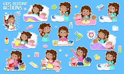 Learning concept - Daily routine of a little black girl with curly dark hair - Set of thirteen cute educational illustrations - Isolated - Blue background	

