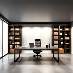 Bürostuhl und Schreibtisch in einem modernen repräsentativem Büro mit Buchregalen im Hintergrund, mit generativem KI-Tool erstellt