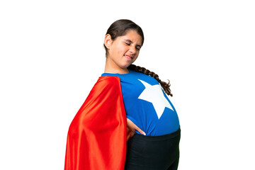 Super Hero girl over isolated chroma key background suffering from backache for having made an effort