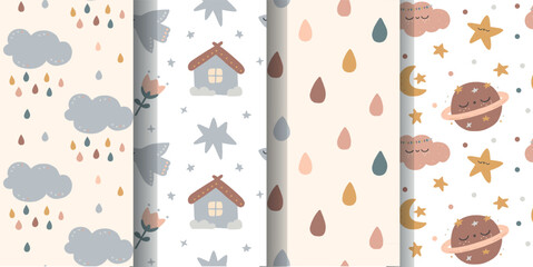 Set cute boho seamless patterns with clouds birds rainbows baby patterns collection