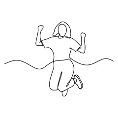 continuous line drawing of young woman jumps high doing a winning move
