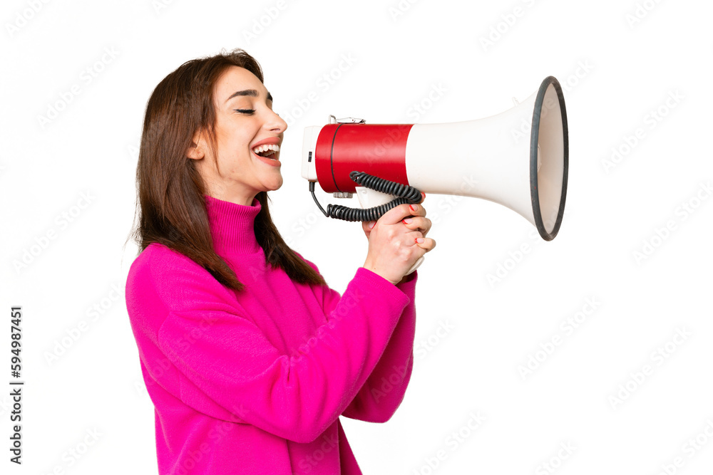 Poster young caucasian woman over isolated chroma key background shouting through a megaphone