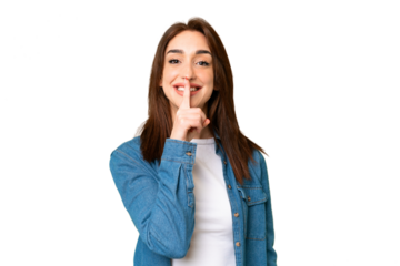 Young caucasian woman over isolated chroma key background showing a sign of silence gesture putting finger in mouth
