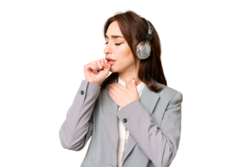 Telemarketer caucasian woman working with a headset over isolated chroma key background is suffering with cough and feeling bad