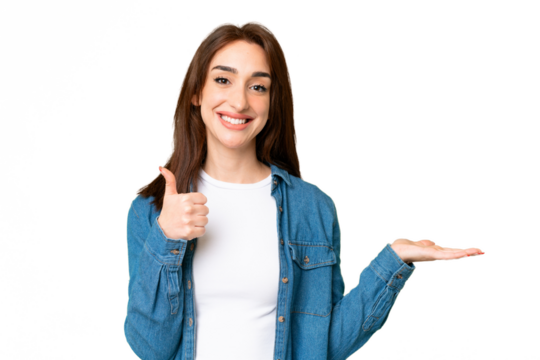 Young caucasian woman over isolated chroma key background holding copyspace imaginary on the palm to insert an ad and with thumbs up
