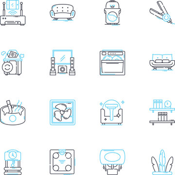 Domestic electronics linear icons set. Television, Kitchen, Vacuum, Blender, Heaters, Humidifier, Hairdryer line vector and concept signs. Iron,Fan,Kettle outline illustrations
