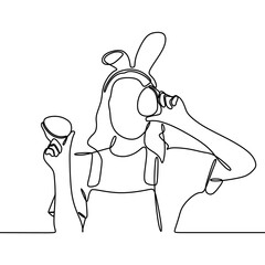 continuous line drawing of young woman wearing bunny clothes covering eyes with colorful eggs