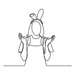 continuous line drawing of surprised and delighted young woman wearing bunny outfit 