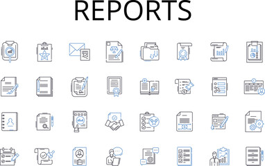 Reports line icons collection. Records, Files, Documents, Accounts, Bulletins, Briefings, Announcements vector and linear illustration. Summaries,Notations,Memos outline signs set