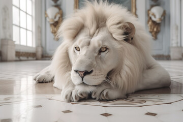 White lion sitting in  big marble room, Generative AI illustration