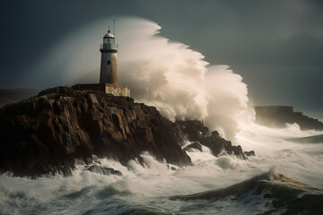 amazing wave crashing into lighthouse on cliff. Generative Ai illustration